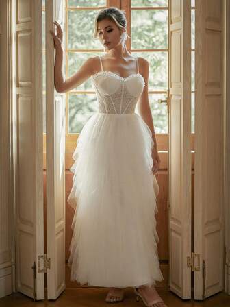 2025 New White Tiered Tulle Wedding Dress - Spaghetti Straps Ruffled Hem Bridal Gown For Bride, Elegant Layered Sheer Bridesmaid Dress, & Chic