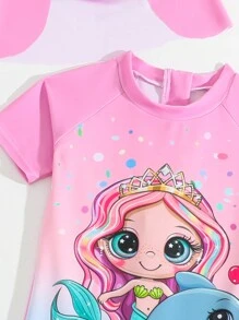 Young Girl One-Piece Swimsuit With Printed Design And Free Cap - Multicolor - View 5