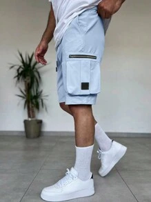 Manfinity Homme Pantalones cortos deportivos casuales con cintura con cordón y bolsillos grandes para hombres - Celeste - Ver 2