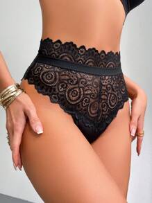 Snug Zone Women's Fashion Mid-Waist Lace Triangle Panties, 1pc Lingerie - Black - View 4