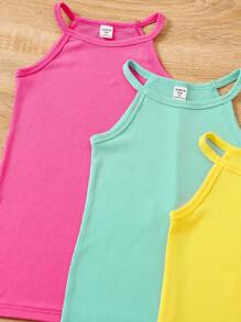 SHEIN 3pcs Young Girl Summer Solid Color Halter Neck Casual Dress, School, Campus, College - Multicolor - View 4