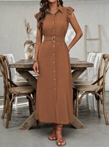 SHEIN Clasi 女式假期休閒純色荷葉邊前釦長衬衫裙 - 棕色 - 查看 6