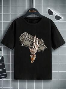 SHEIN Tween Boys' Graphic Printed Casual Round Neck Short Sleeve T-Shirt, Summer - Black - View 1