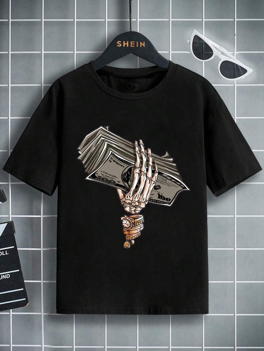 SHEIN Tween Boys' Graphic Printed Casual Round Neck Short Sleeve T-Shirt, Summer - Black - View 1