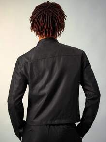 FeverCity Jachetă bărbătească la modă, cu guler înalt, în culori solide, cu fermoar, pentru toamna și iarna - Negru - Vizualizare 3