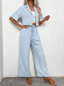SHEIN LUNE Conjunto de dos piezas de verano para mujer, parte superior y pantalones simples sueltos de lino casual