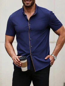 Manfinity Homme Men's Solid Color Short Sleeve Casual Shirt,Summer Men Shirts - Navy Blue - View 6