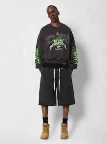 SUMWON Vintage Washed Loopback Cotton Jersey Crop Length Sweatshirt Athletic Fit Gym Oversized Sleeve Print Autumn Winter Casual Everyday Apparel - Dark Grey - View 4