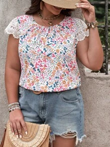 SHEIN Franclia Blusa de encaje con contraste de tallas grandes para vacaciones y ocasiones casuales con estampado floral pequeño - Multicolor - Ver 5