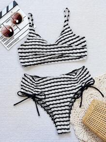 SHEIN Swim Women's Summer Beach Striped Crossed Chest Sexy Bikini Set - Black and White - View 4