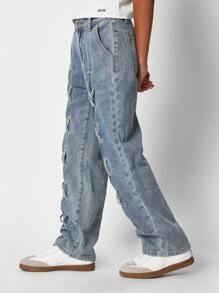 SUMWON Pantalón vaquero con ajuste acampanado y detalle trenzado para niñas preadolescentes - Azul - Ver 4