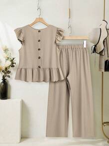 EMERY ROSE Plus Size Round Neck Ruffle Hem Sleeveless Top And Elastic Waist Long Pants Summer Casual 2pcs Set - Apricot - View 1