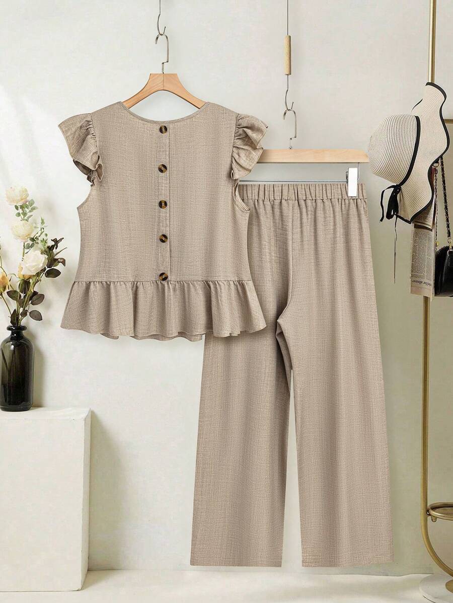 EMERY ROSE Plus Size Round Neck Ruffle Hem Sleeveless Top And Elastic Waist Long Pants Summer Casual 2pcs Set - Apricot - View 1