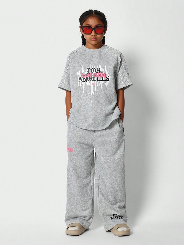 SUMWON Tween Girls Tee And Wide Leg Jogger With Los Angeles Print 2 Piece Set - Grey - View 1