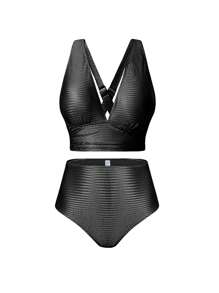 Swim Oasis Bộ Bikini gợi cảm màu trơn cỡ lớn có in hình học váy và váy, 3 chiếc - Đen và trắng - Xem 8