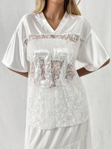 Flirla Camiseta corta de manga corta de mujer con aplicación de encaje blanco, satén bordado y gráfico para ropa de fiesta de vacaciones - Blanco - Ver 5