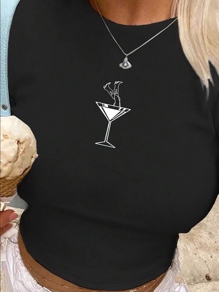 INAWLY Camiseta de mujer con cuello redondo, manga corta y estampado para la primavera y el verano - Negro - Ver 1