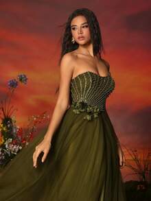 High-Grade Net Yarn Green Women's Strapless High Slit Evening Dress - Army Green - View 9