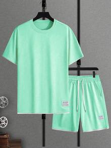 Manfinity Homme Men's Summer Letter Pattern Round Neck Short Sleeve Casual T-Shirt And Drawstring Waist Shorts Set - Mint Green - View 3
