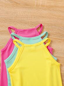 SHEIN 3pcs Young Girl Summer Solid Color Halter Neck Casual Dress, School, Campus, College - Multicolor - View 6