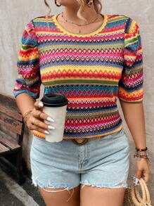 SHEIN LUNE 大尺碼女士夏季幾何印花圓領短泡泡袖休閒T恤 - 彩色 - 查看 5