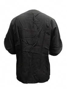 Summer Casual Solid Color V-Neck Batwing Sleeve Shirt - Black - View 2