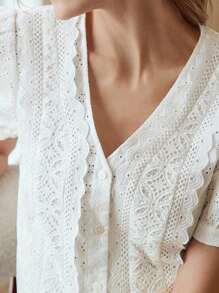 MOTF PREMIUM SOLID PUFF SLEEVE GUIPURE LACE DETAIL SCHIFFY BLOUSE - White - View 3