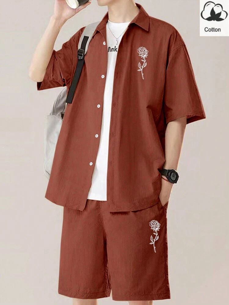 Men's Rose Printed Button-Down Short Sleeve Shirt And Pocket Drawstring Shorts Summer Casual Outfit