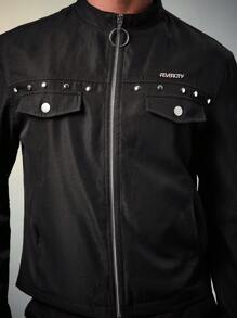 FeverCity Jachetă bărbătească la modă, cu guler înalt, în culori solide, cu fermoar, pentru toamna și iarna - Negru - Vizualizare 2