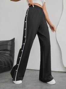 EURMUSE 女士黑色寬腳長褲，側鉤邊裝飾，鈕扣和縫裂細節 - 黑色 - 查看 6