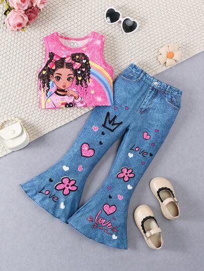 Young Girl Music Festival Y2K Style Cool Street Party Sequin Tank Top And Heart Shaped Flared Jeans Set