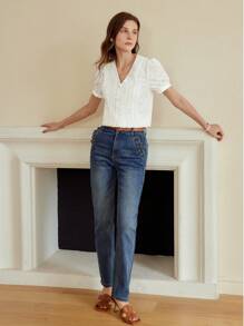 MOTF PREMIUM SOLID PUFF SLEEVE GUIPURE LACE DETAIL SCHIFFY BLOUSE - White - View 8