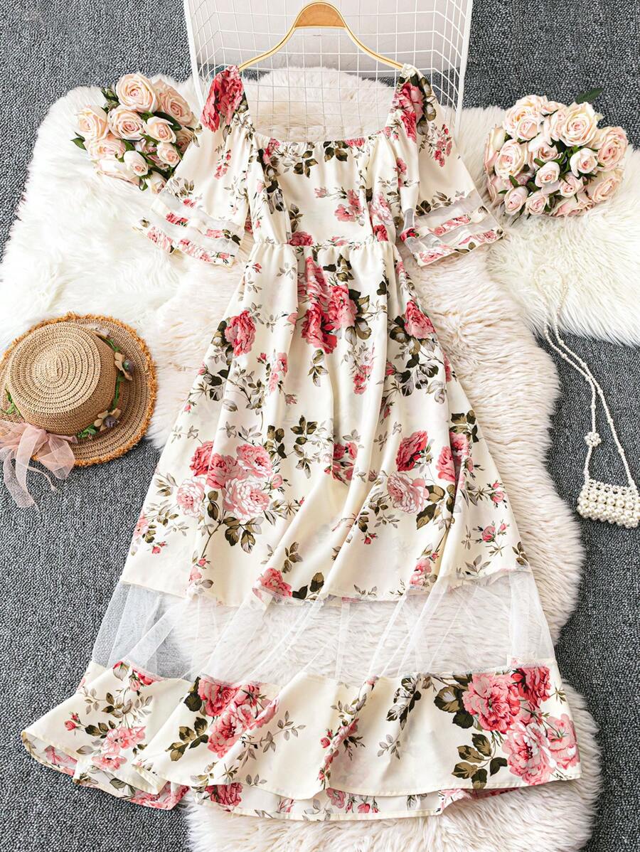 SHEIN Clasi Plus Size Mùa hè Váy lưới tương phản thanh lịch - Màu be - Xem 1