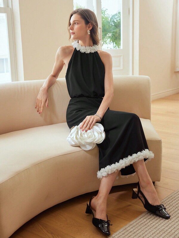 MOTF PREMIUM VESTIDO DE CUELLO HALTER CON DETALLES DE APLICACIONES EN 3D Y CONTRASTE