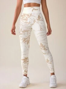 SHEIN Sport Studio Bladbedrukte elastische naadloze sportlegging