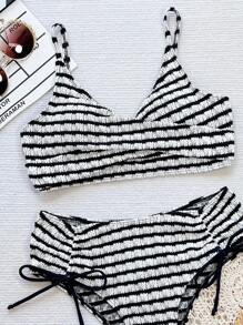 SHEIN Swim Women's Summer Beach Striped Crossed Chest Sexy Bikini Set - Black and White - View 3