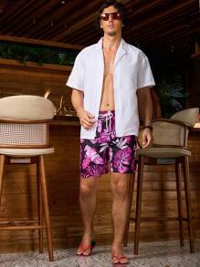 Surfspeed Men's Tropical Plant Printed Drawstring Waist Beach Shorts, Summer - Red - View 5