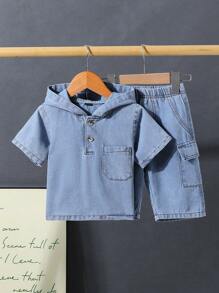 嬰兒男童簡約休閒牛仔套裝 - 淺色水洗藍 - 查看 1