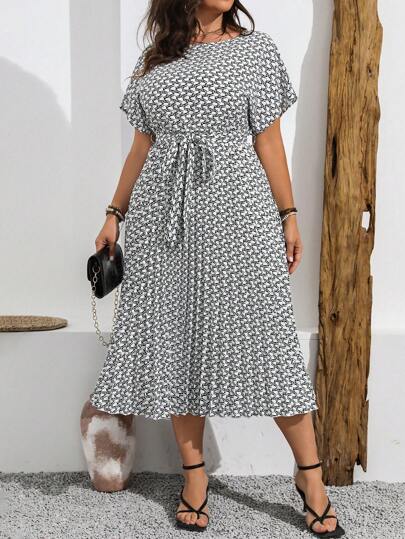 Vionelle 大码女式印花简约日常夏季波西米亚风连衣裙女装