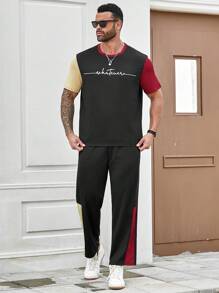 Manfinity Homme Men's Plus Size Summer Letter Printed Round Neck Short Sleeve Casual T-Shirt And Pocketed Long Pants Set - Multicolor - View 3