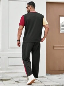 Manfinity Homme Men's Plus Size Summer Letter Printed Round Neck Short Sleeve Casual T-Shirt And Pocketed Long Pants Set - Multicolor - View 2