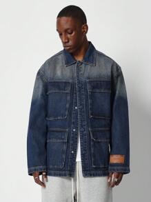 SUMWON Oversize passender langärmeliger Denim-Hemd mit Pattentasche-Detail - Blau - Übersicht 1