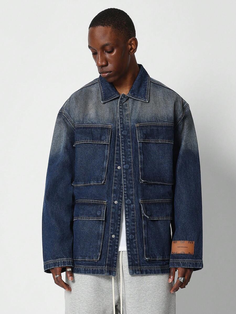 SUMWON Oversize passender langärmeliger Denim-Hemd mit Pattentasche-Detail - Blau - Übersicht 1