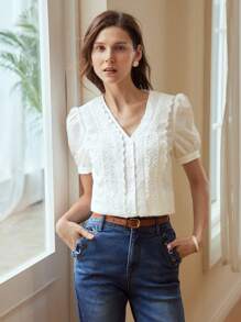 MOTF PREMIUM SOLID PUFF SLEEVE GUIPURE LACE DETAIL SCHIFFY BLOUSE - White - View 4