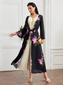 MOTF PREMIUM CONTRAST TAPE TANK DRESS WITH FLORAL PRINT BELTED COAT - Multicolor - View 8