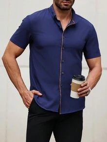 Manfinity Homme Men's Solid Color Short Sleeve Casual Shirt,Summer Men Shirts - Navy Blue - View 3