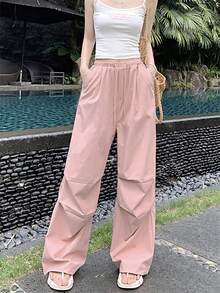 女性用ソリッドカラー シンプルなピンクドローストリングカーゴパンツ、日常着用に適している - ピンク - チェックする 4