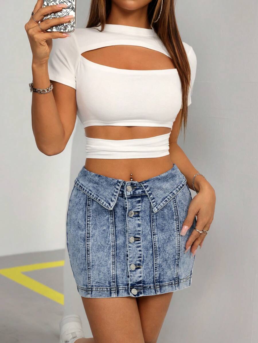 SHEIN ICON Women's Washed Denim High-Waisted Single-Breasted A-Line Skirt - Light Wash - View 1
