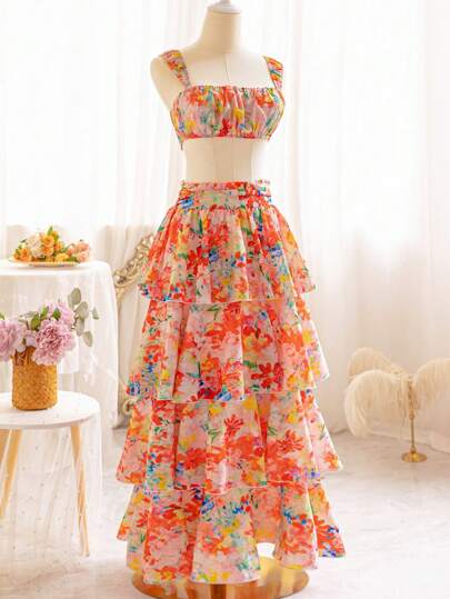 Soleia 女裝假期夏季油畫風格派對午餐婚禮季節畢業季節返校季復活節夏季服裝，可愛休閒印花花朵甜美浪漫橙紅色花卉雪紡層疊荷葉邊鬆緊腰二件套裝