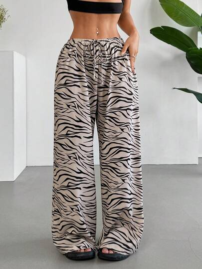 SHEIN EZwear Pantalones anchos casuales de verano para mujer con estampado de cebra